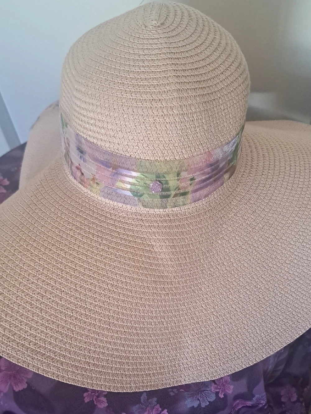 Diva Beige Wide Brim Sun Hat with Purple Floral Bow